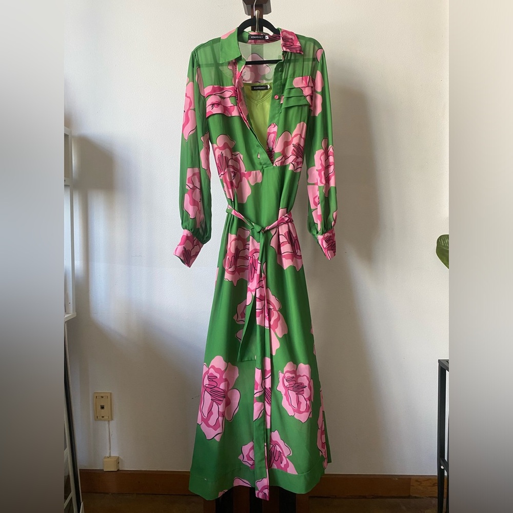 Green and pink two piece floral maxi dress with belt